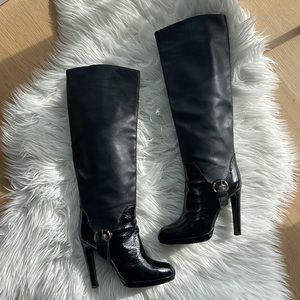 Sergio Rossi Black Leather Knee High Boots with Patent Leather Heel Size 38.5